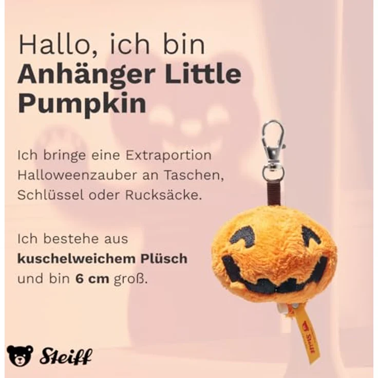 Steiff Kuscheltier Anhänger Little Pumpkin, 6 cm, orangenes Plüschtier mit Halloween-Motiv, waschbar bei 30 °C, für Jungen & Mädchen – Bild 2