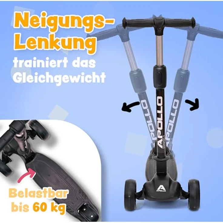 Apollo Kinderscooter KidsPro4 LED Roller - Schwarz, höhenverstellbar, mit leuchtenden LED-Rollen, belastbar bis 60 kg – Bild 3
