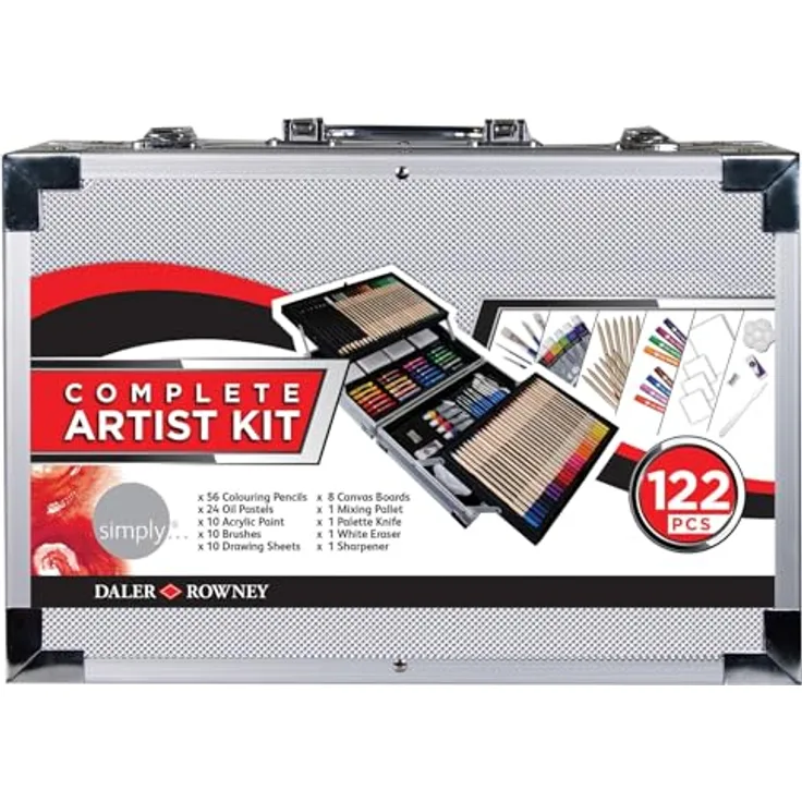 Daler Rowney SIMPLY Valisette complet de 122 pièces en métal pour artiste, 10 Acrylfarben hochpigmentiert, praktische Aufbewahrungstasche, ideal für Anfänger und Künstler