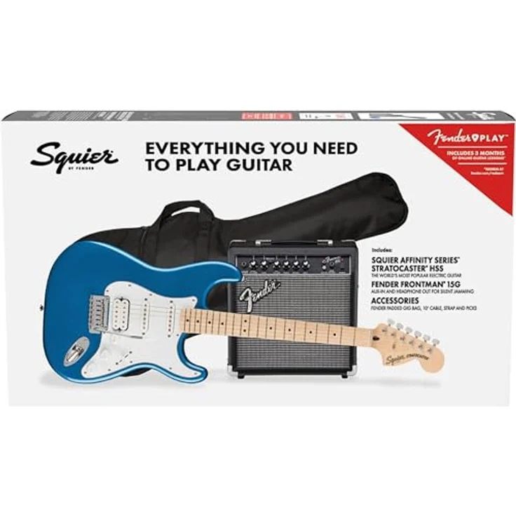 Fender Squier Affinity Series Stratocaster HSS Pack, E-Gitarren Set in Lake Placid Blue mit 15W Verstärker und Zubehör, Ahorn-Hals – Bild 2