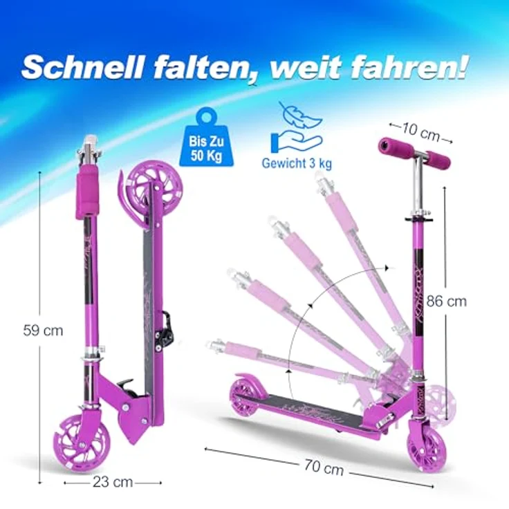 Habib Gruppe Kinderroller Tretroller & Scooter, klappbar, mit 4-fach höhenverstellbarem Lenker, LED-Rädern, für Kinder 3-10 Jahre, lila – Bild 3