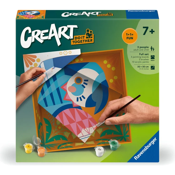 Ravensburger Malen nach Zahlen CREART Do it together Papagei, Malvorlage ab 7 Jahren mit Acrylfarben und Pinseln, 20 cm x 20 cm – Bild 1