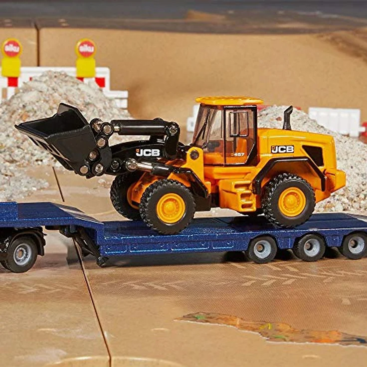 Siku 1790, MAN-LKW mit Tieflader und JCB Radlader, 1:87, Metall/Kunststoff, Blau/Gelb, Klappbare Auffahrrampe, Beweglicher Ladearm – Bild 4