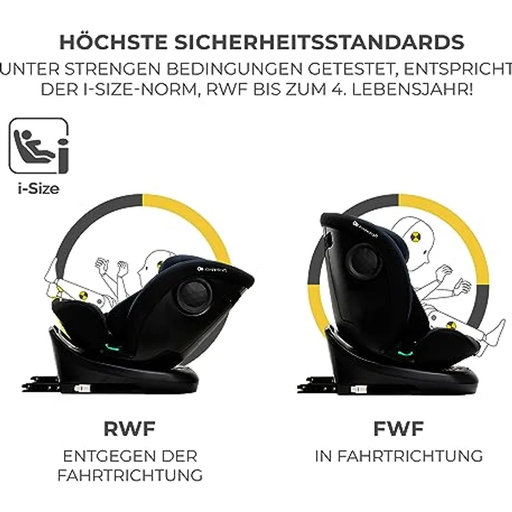 Kinderkraft i-GROW i-Size, Reboarder-Kindersitz drehbar ab Geburt bis 12 Jahre (40-150 cm), inkl. Isofix-Basis & Top Tether - Black – Bild 2