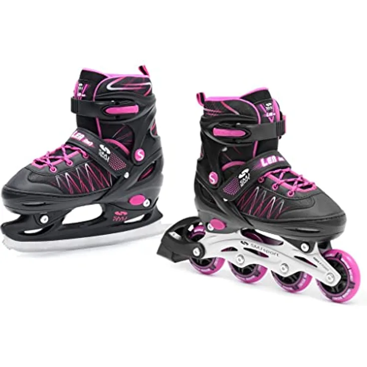 SMJ sport Kinder Mädchen 2IN1 Inlineskates Schlittschuhe Verstellbar Inliner ABEC7 LEA, Schwarz/Rosa, Größenverstellbar und Hochwertige Kugellager