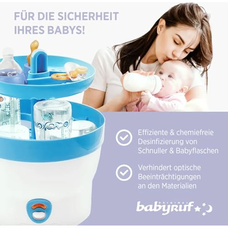 Babyruf BS 29b Dampfsterilisator für Babyflaschen, sterilisiert bis zu 6 Flaschen, weiß/blau – Bild 2