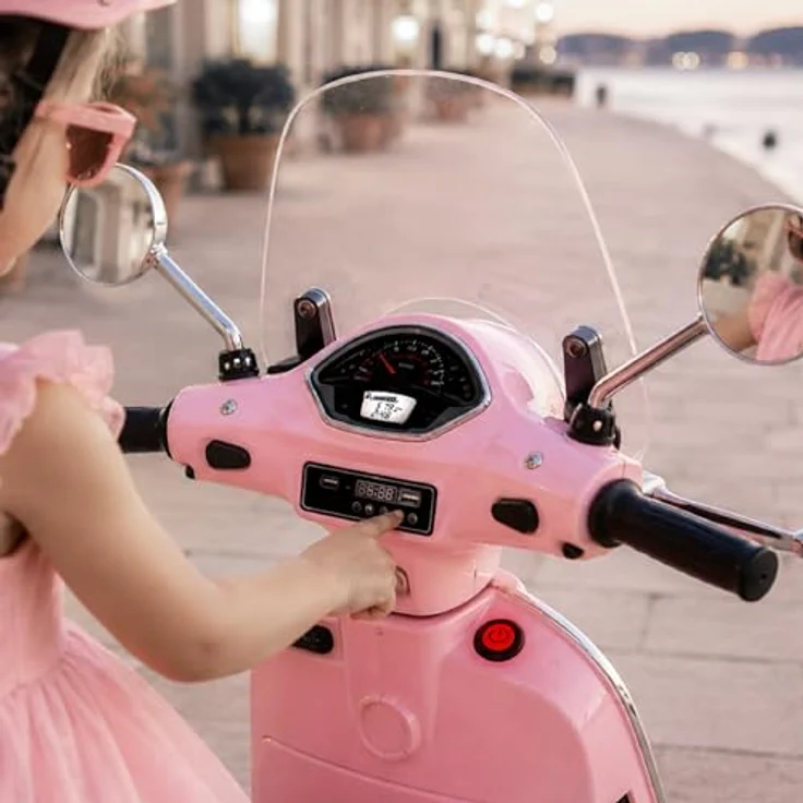 Sun Baby Elektrischer Kinderroller Vespa Maxi, 12V Elektrofahrzeug mit MP3, Kofferraum und Licht, rosa – Bild 9