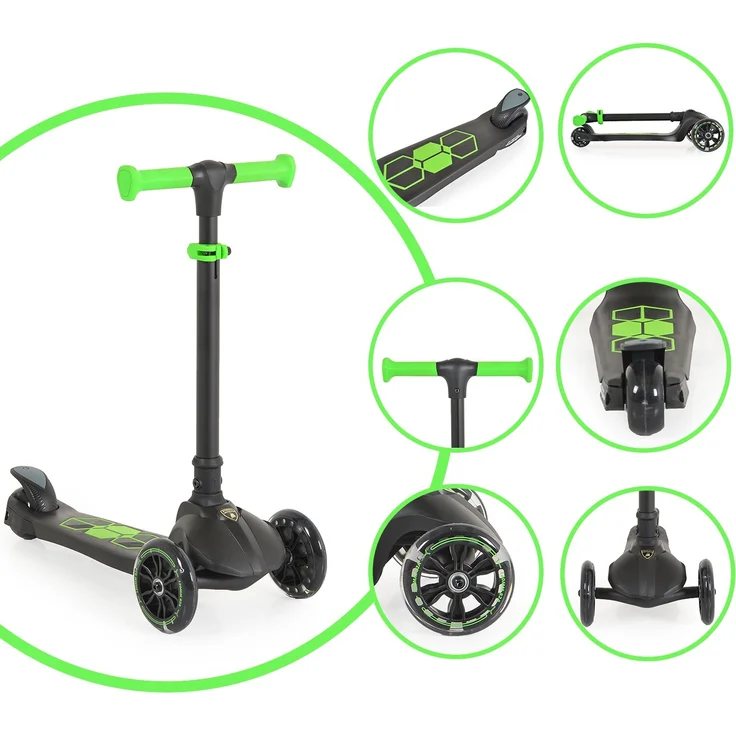 Byox Kinderroller Lamborghini 3 Räder klappbar PolyurethanRäder ABEC-7 LED-Räder Bremse grün