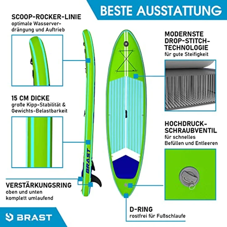 BRAST SUP Board SUPER Set Aufblasbares Stand up Paddle mit extra Zubehör 320x81x15cm Grün incl. Kajaksitz Kamerahalterung Paddel Fußschleife Rucksack Pumpe - Preisvergleich – Bild 5