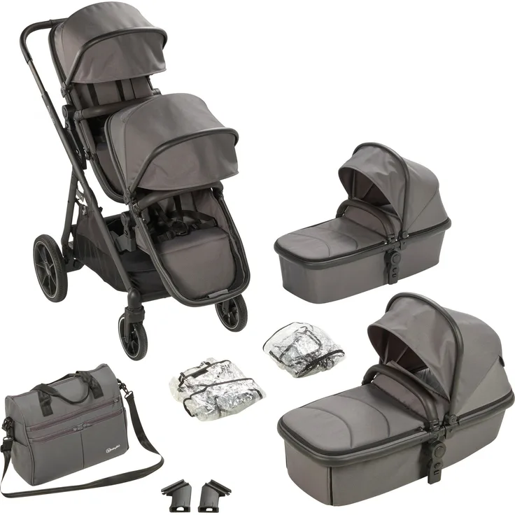 BabyGo Zwillings-Kombikinderwagen Duo, grau, inkl. Wickeltasche u. 2 Regenhauben