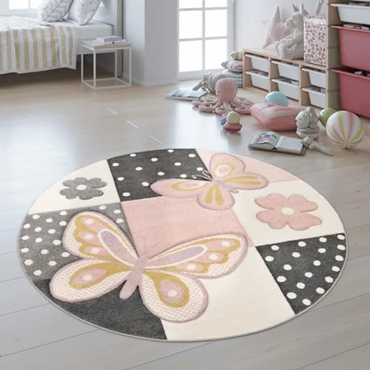 Paco Home Kinderteppich Regenbogen Bauernhof Einhorn Schmetterling Hase, Ø 120 cm rund, pflegeleicht und schadstoffgeprüft – Bild 1