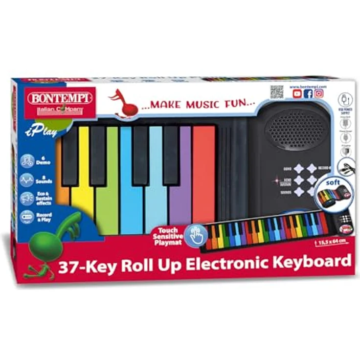BONTEMPI Colorkeys Piano Roll Up, 37 Tasten flexible elektronische Tastatur mit farbigen Noten, 8 Klänge, 6 vorprogrammierte Lieder, Aufnahmefunktion, einstellbare Lautstärke, USB-DC-Kabel – Bild 5