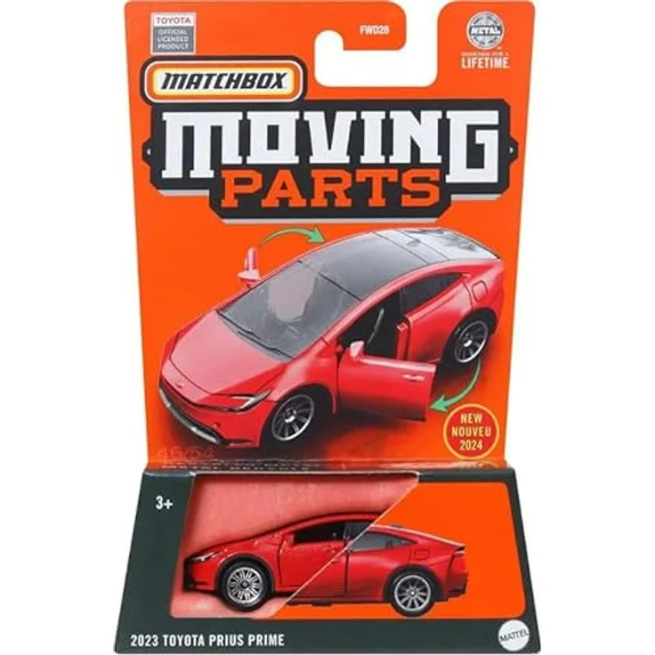 Mattel Matchbox Moving Parts Toyota Prius Prime 2023, Maßstab 1:64, Druckguss Modellauto, rot mit detaillierten Außendetails