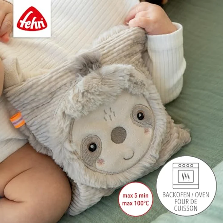 Fehn Kirschkernkissen Faultier, Kuschelkissen mit entnehmbarem Wärme-/Kältesäckchen für Babys und Kleinkinder, 16 x 16 cm, waschbar bei 30°C – Bild 3