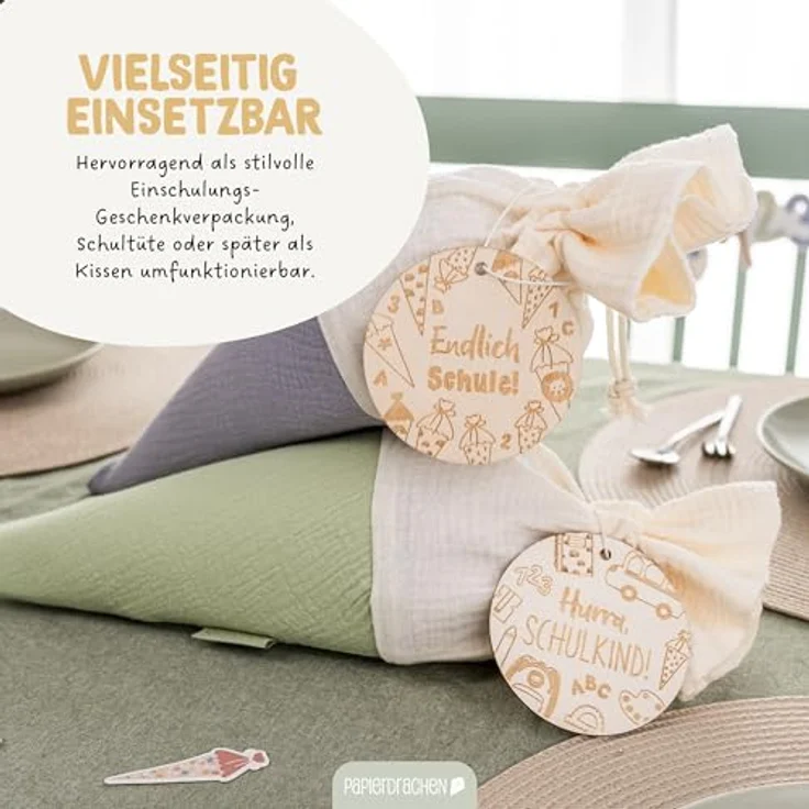Papierdrachen 2er Set Musselin Schultüten Blau-Mint mit Holzanhängern und Namensschildern, Geschwistertüte – Bild 5