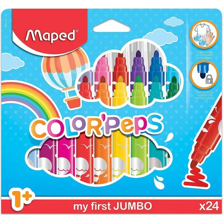MAPED Filzstift Color'Peps Early Age Jumbo 24 Stück, Set mit dicker Spitze und leicht abwaschbarer Tinte, leuchtende Farben