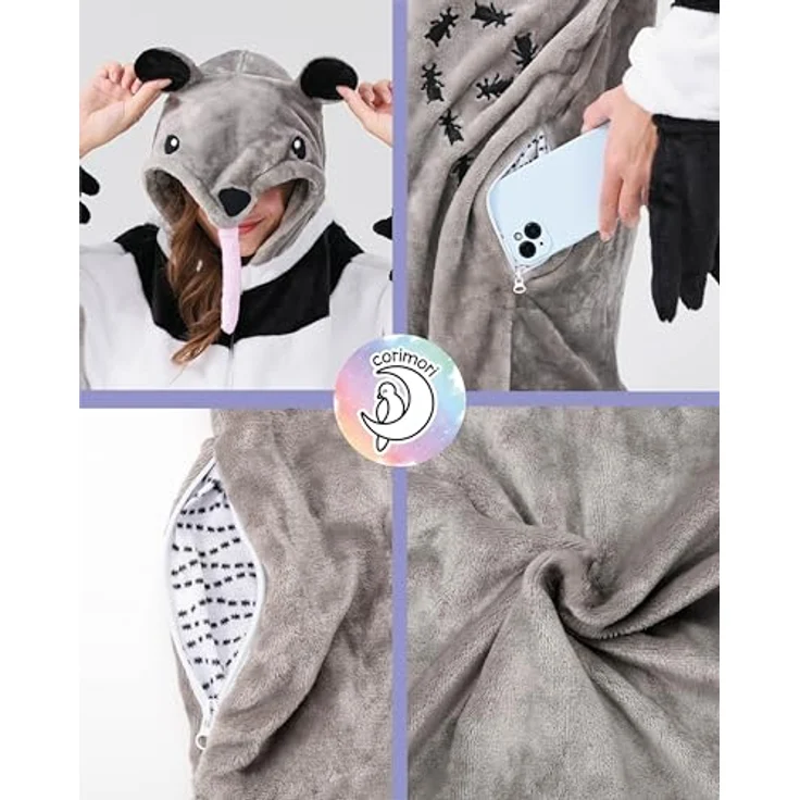 corimori Flauschiges Ameisenbär-Kostüm für Erwachsene mit Haarreif | Karneval Onesie für Damen, Herren | Körpergröße 180-190cm, super weich und kuschelig, mit praktischen Taschen | Braun – Bild 5
