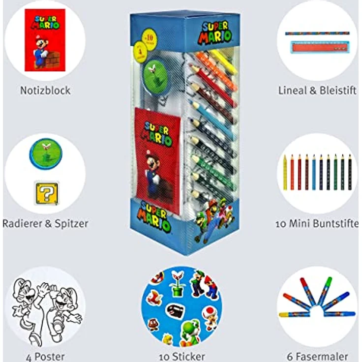 Super Mario Farbkasten Schreibwaren-Set, 35-teiliges Kreativset für Kinder mit Stiften, Linealen und Notizblöcken – Bild 2