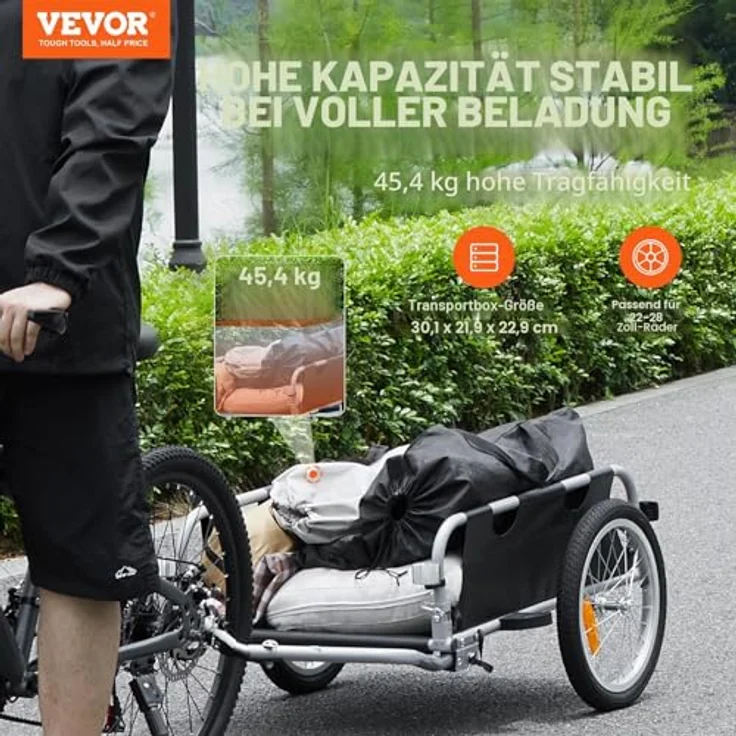 VEVOR Fahrradanhänger CT902B, 45 kg Tragkraft, faltbar, mit Universalkupplung und 41 cm Rädern, sichere Reflektoren, passend für 558,8-711,2 mm Fahrradräder – Bild 2