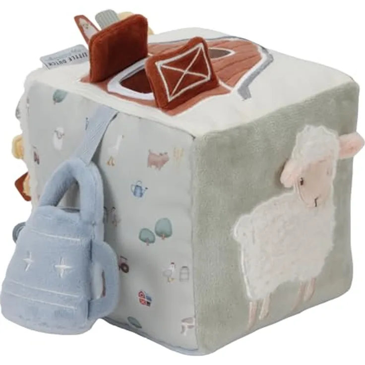 Little Dutch 8809 Stoff Activity Fühlwürfel Bauernhof - Little Farm, Motorikschleifen und -würfel, fördert die Sinne, Polyester, 14x14x14 cm, ab Geburt, Mehrfarbig