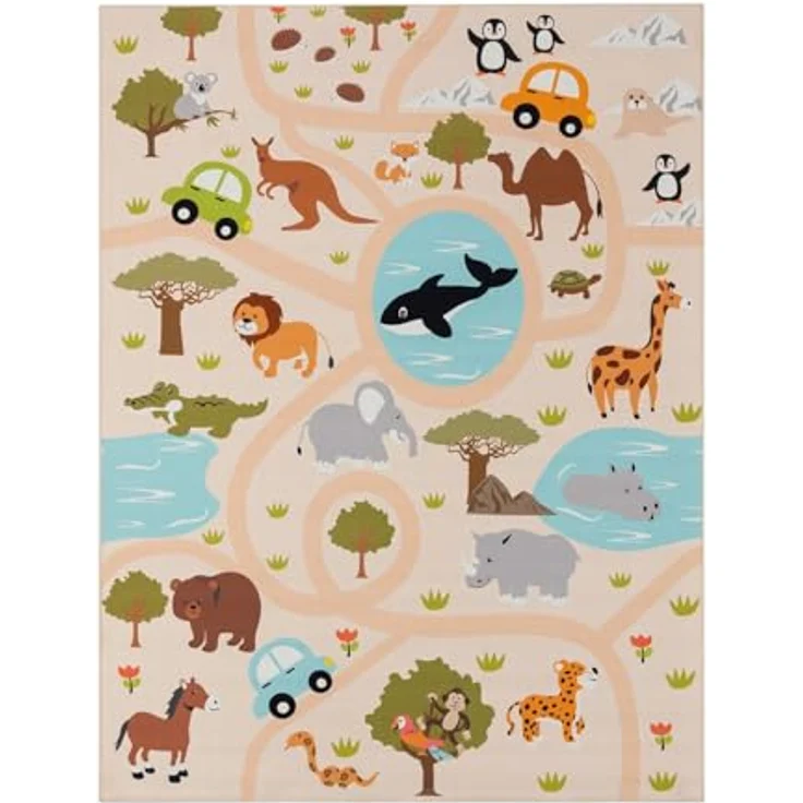 TT Home Kinderteppich, rutschfest für Babyzimmer und Kinderzimmer, Tiere und Weltkarte, Grün Gelb Creme, 100x200 cm – Bild 5