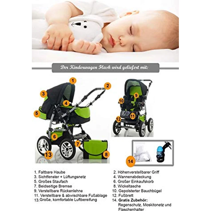 14 teiliges Qualitäts-Kinderwagenset 2 in 1 „FLASH“ in 38 Farben: Kinderwagen + Buggy - 14 teiliges Megaset in 38 tollen Farben – Bild 4