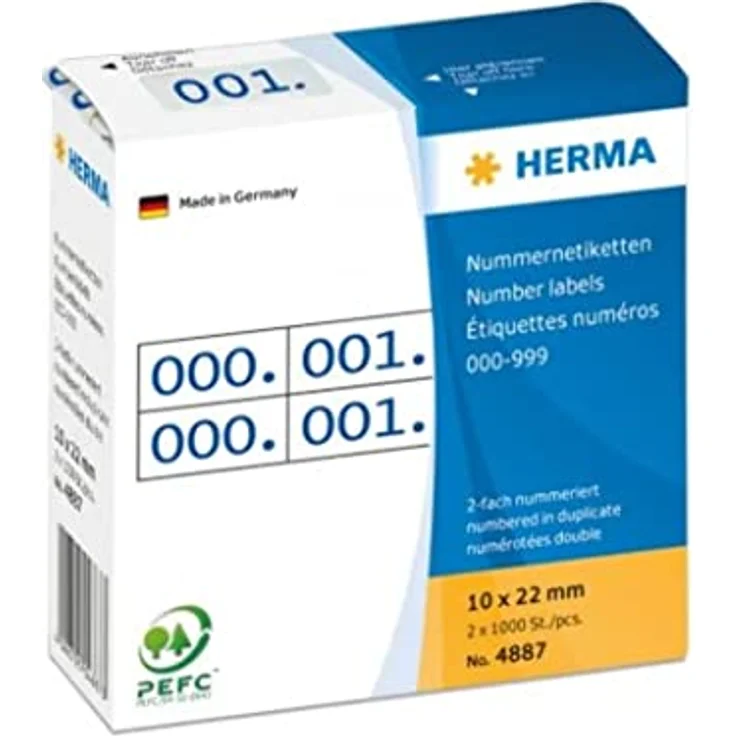 HERMA 4887 Nummernetiketten Zahlen 0 - 999, doppelt (22 x 10 mm, Papier, matt) selbstklebend, permanent haftend, fortlaufende Zahlenetiketten im Kartonspender, 2.000 Etiketten, blau bedruckt – Bild 2