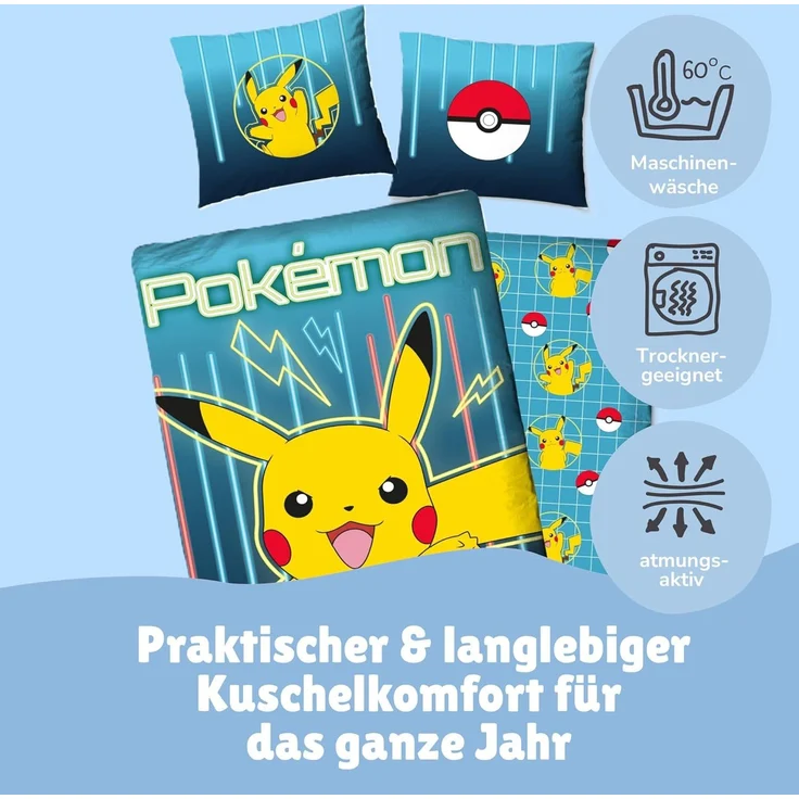 Pokemon Bettwäsche für Kinder mit Pikachu 135x200 80x80 cm Motiv Glow aus 100% Baumwolle – Bild 6