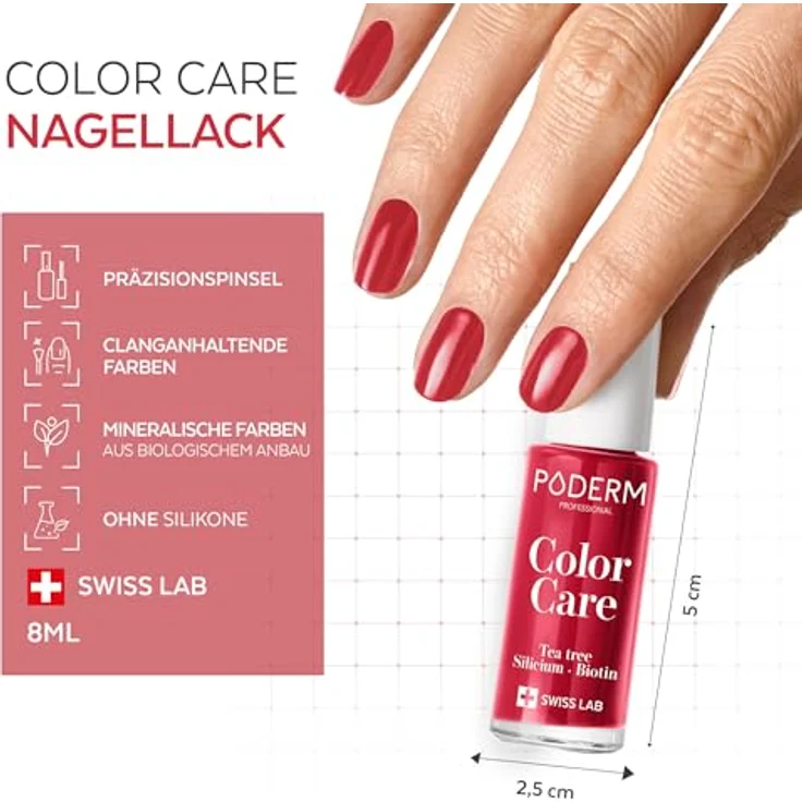 Poderm Vernis Color Care 363, Nagellack 8 ml mit Teebaumöl, Silizium und Biotin, Rouge Puissant – Bild 5