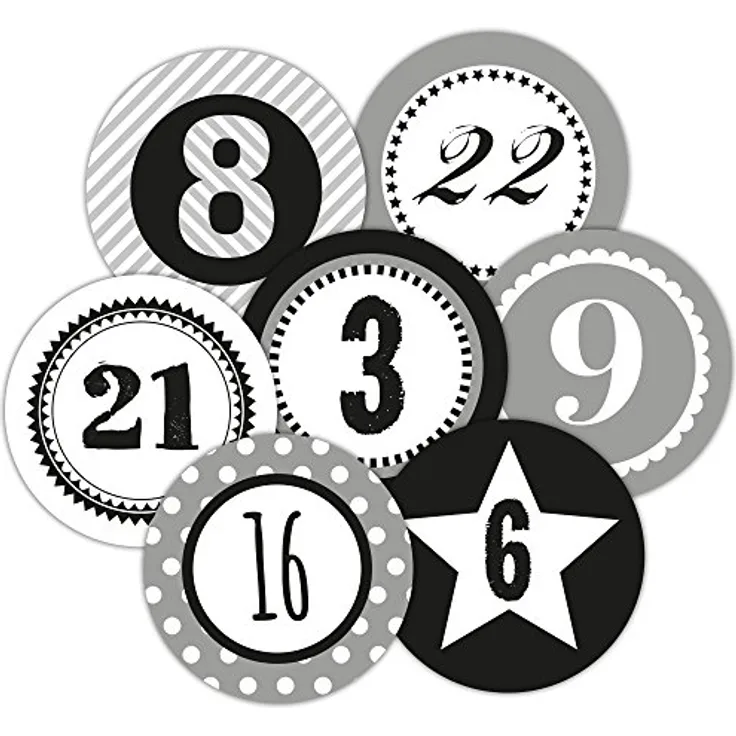 Frau WUNDERVoll Adventskalenderzahlen Aufkleber, für 2 Kalender, grau, Durchmesser 4cm