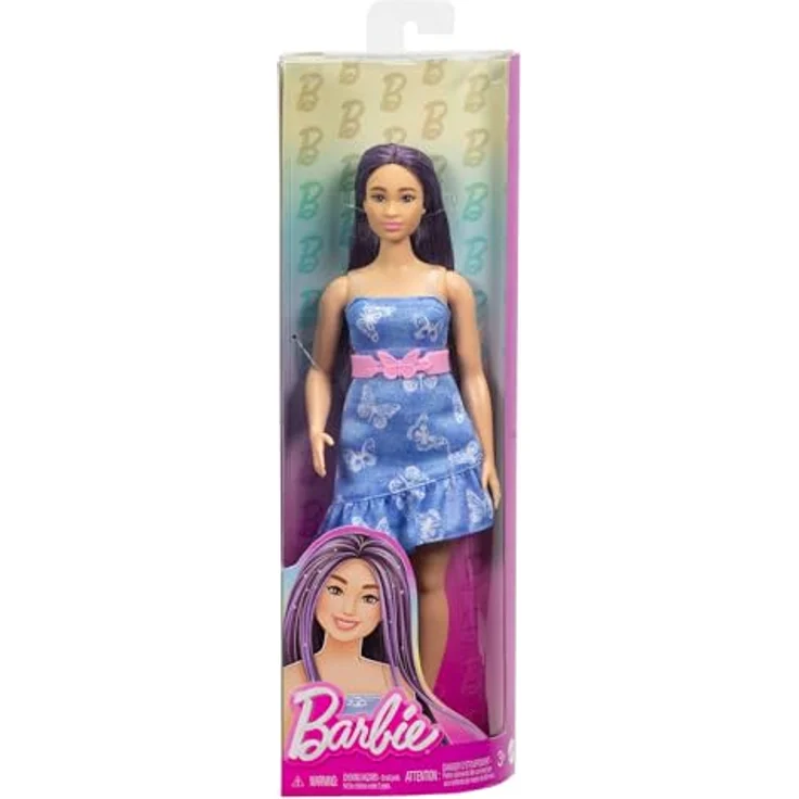 Barbie Anziehpuppe Fashionistas, Nr. 231 mit Denim-Schmetterlingskleid und violettem Haar – Bild 6