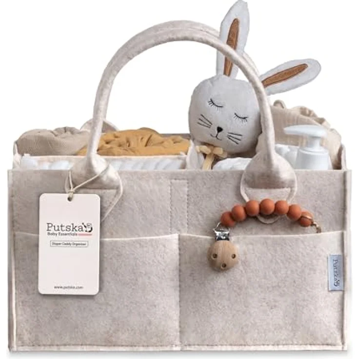 PUTSKA Windelkorb Organizer – Großer Aufbewahrungskorb für Wickelstation mit 6 Außentaschen, Mokka, 23x38x18 cm – Bild 1