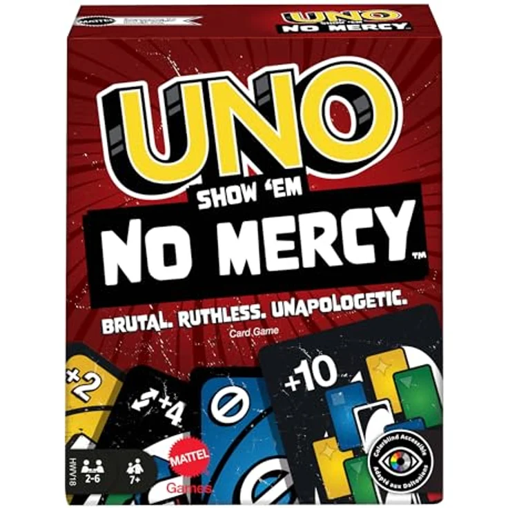 Mattel UNO Show 'em No Mercy - 56 zusätzliche Karten, harte Aktionskarten und brutale Spielregeln, ab 7 Jahren, HWV18 – Bild 1