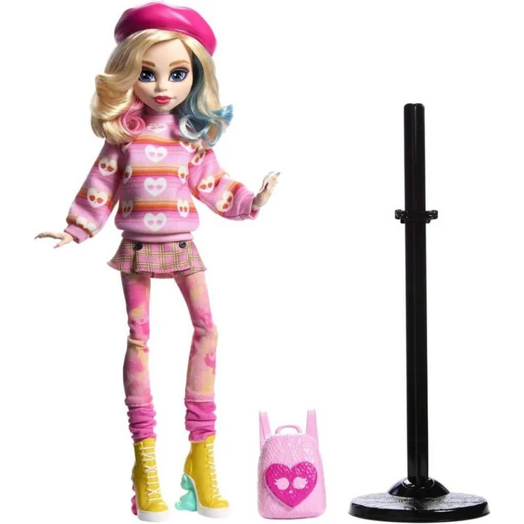 Mattel® Anziehpuppe Monster High x Wednesday Enid Doll, quirlige Mitbewohnerin mit gestreiftem Rollkragenpullover und gekräuselten Beinstulpen, pink – Bild 1