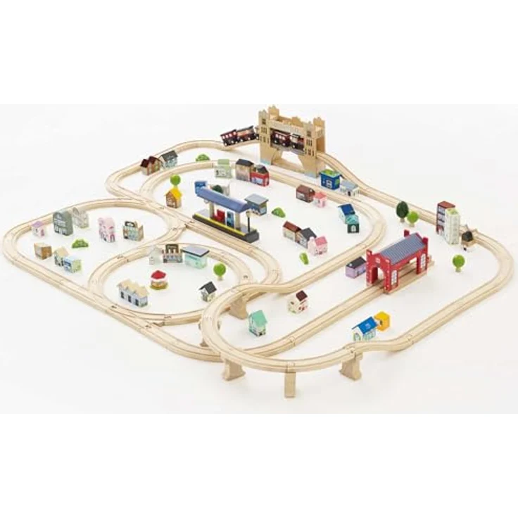 Le Toy Van London Train Set, 120-teiliges Holzeisenbahn-Set mit magnetisch verbindbaren Waggons, Gleisen und detaillierten Zubehörteilen aus nachhaltigem Holz, für Kinder ab 3 Jahren – Bild 2