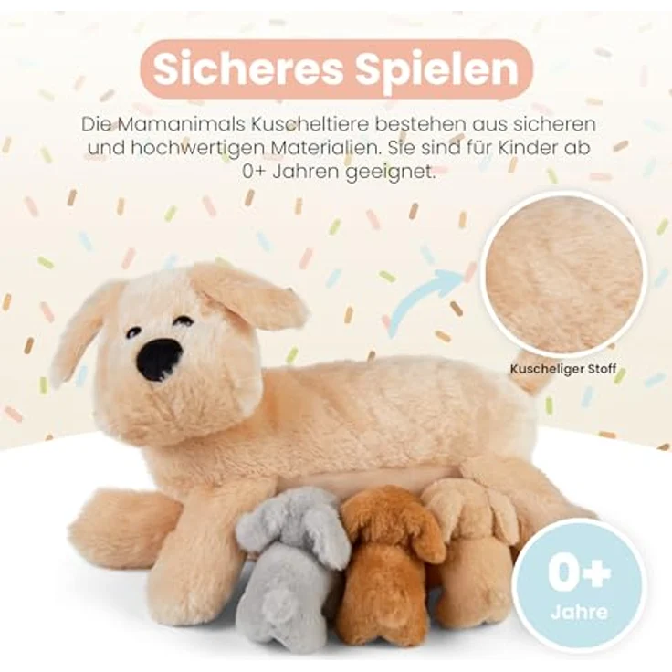 Mamanimals Hunde Kuscheltier mit 3 Baby Welpen, 30 cm groß, Reißverschluss im Bauch, magnetische Zitzen zum Säugen, hochwertiges Plüschtier Set für Kinder – Bild 4