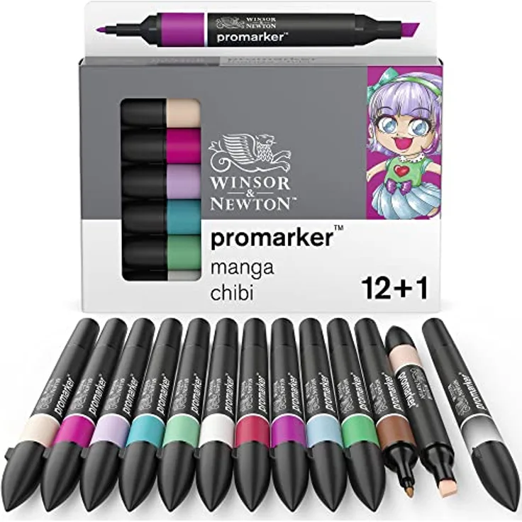 Winsor & Newton ProMarker Layoutmarker, 13 Farben Set - Manga Chibi, feine und breite Spitzen