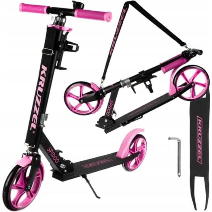 KRUZZEL Klappbarer Scooter für Kinder, Höhenverstellbar 87–98 cm, 200 mm Räder, Rosa, Aluminiumrahmen, mit Fußbremse und Flaschenhalter