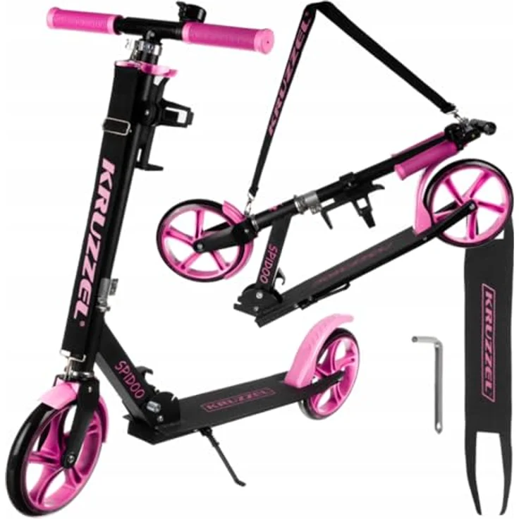 KRUZZEL Klappbarer Scooter für Kinder, Höhenverstellbar 87–98 cm, 200 mm Räder, Rosa, Aluminiumrahmen, mit Fußbremse und Flaschenhalter – Bild 1
