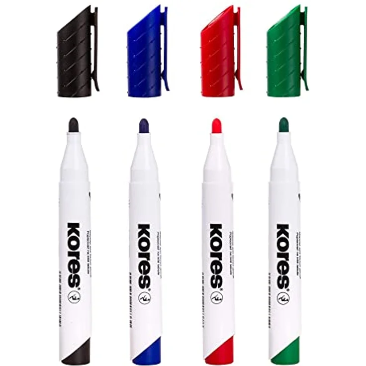 KORES Whiteboard Marker M20843, 3mm Rundspitze, 4er Set in schwarz, blau, rot, grün, schnell trocknend, rückstandslos und schattenfrei entfernbar – Bild 3