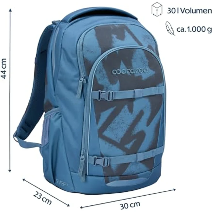 Coocazoo EVERY „Graffiti Groove“, ergonomischer Schulrucksack, höhenverstellbar, blau, mit Brustgurt & Hüftgurt, 30 Liter Volumen, aus 100% recycelten Materialien, geeignet ab der 3. Klasse – Bild 2