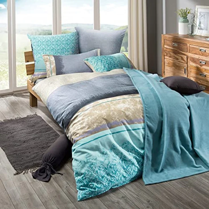 Erwin Müller Flanell-Bettwäsche4-tlg. Sparpaket, gemusterte Streifen - samtweich, temperaturausgleichend, mit praktischem Reißverschluss - blau-Silber Größe 135x200 cm (80x80 cm) – Bild 4