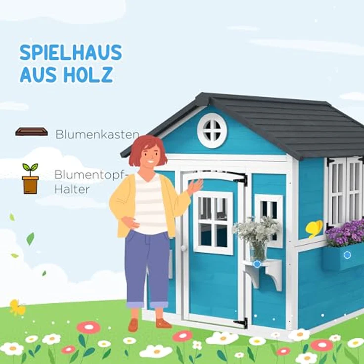 Outsunny Kinderspielhaus aus Holz, Outdoor Spielhaus mit Fenster, Blumenregal und Pflanzenkasten, für Kinder 3-8 Jahre, blau – Bild 3
