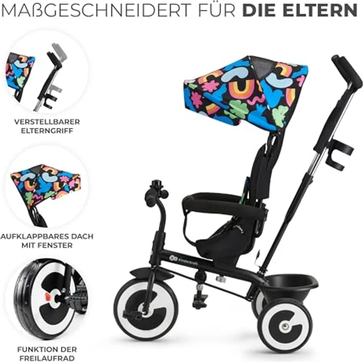 Kinderkraft Aston Dreirad, Kinderdreirad mit drehbarem Sitz, Schubstange, ausklappbarem Verdeck und Sonnenschutz, ab 9 Monate bis 25 kg, Happy Shapes – Bild 4