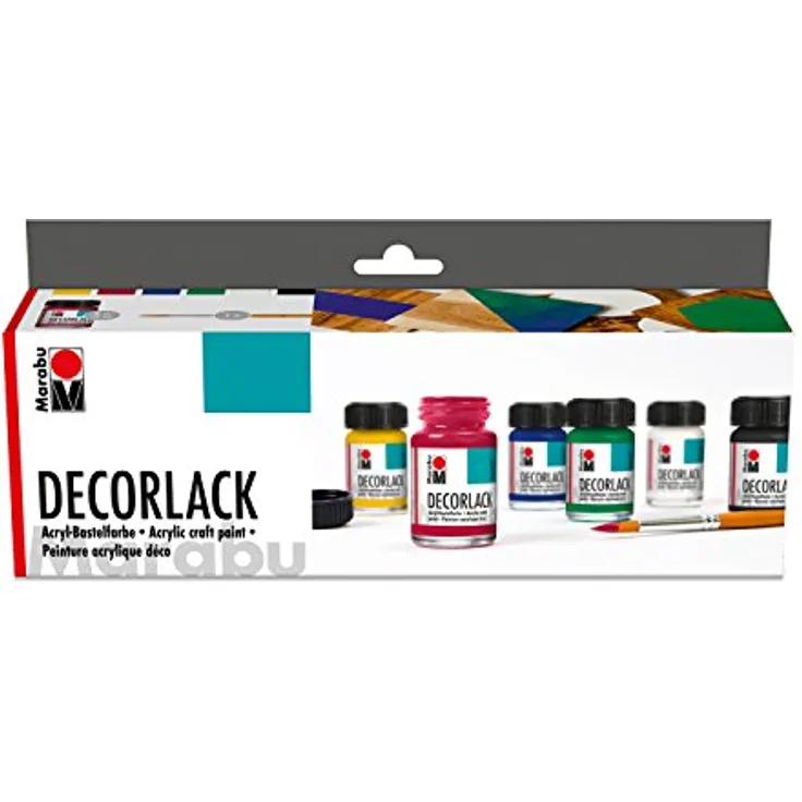 Marabu Decorlack Acryl Starter Set, hochglänzender wasserbasierter Acryllack, wetterfest, speichelecht, 6 Farben (Mittelgelb, Karminrot, Mittelblau, Saftgrün, Schwarz, Weiß) und Pinsel