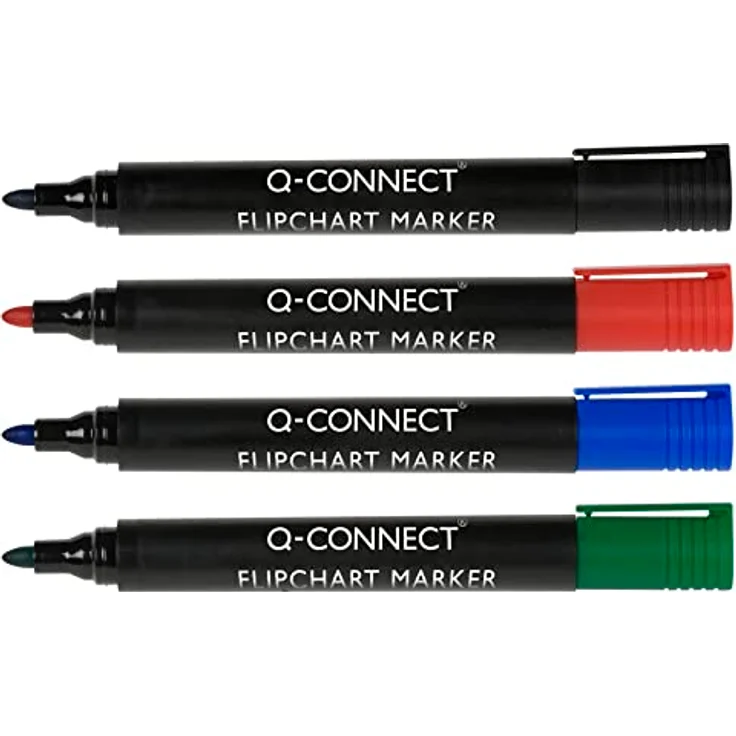 Q-Connect Flipchartmarker KF01551, 4er Pack in Schwarz, Blau, Rot und Grün, Strichstärke 2-3 mm, Rundspitze – Bild 1