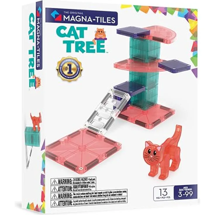 MAGNA-TILES® Katzenbaum 13-teiliges Magnetbauset mit Katzenfigur und Viertelkreis-Fliesen, kompatibel mit allen MAGNA-TILES Sets