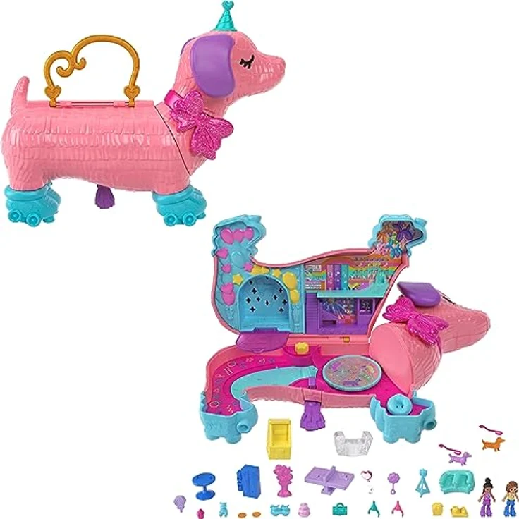 POLLY POCKET Hündchenparty - Rollschuh-Geburtstagsparty, 2 Puppen, 26 Zubehörteile, DJ-Pult, Rollschuhbahn, Tanzfläche, Tragegriff, für Kinder ab 4 Jahren, HKV54 – Bild 1
