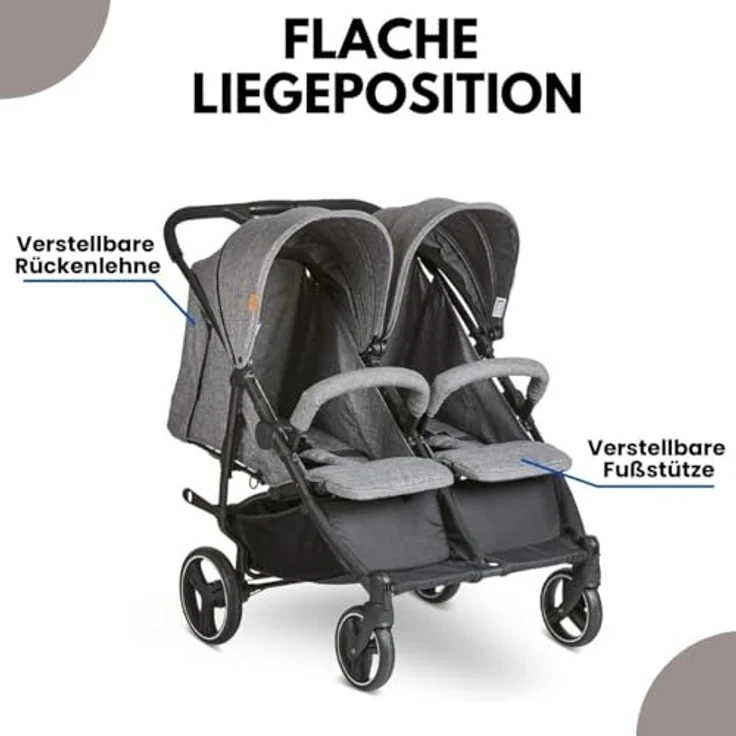 ABC Design Zwillingsbuggy Twin - Circle Line mit Liegefunktion (inkl. Regenverdeck) - Woven Graphite, kompakt faltbar, pannenfeste Luftkammerräder, Circle Line Design - Preisvergleich – Bild 4
