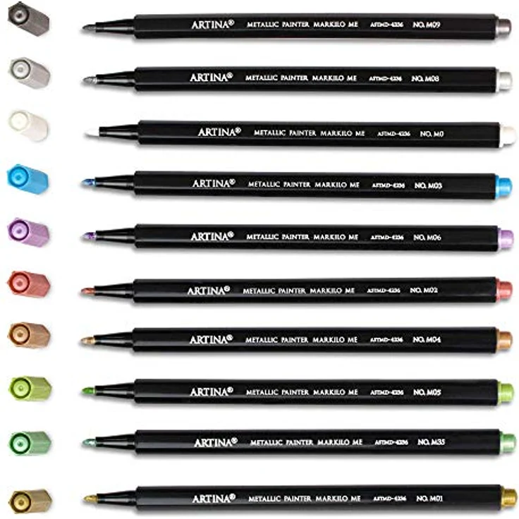 Artina 10 Metallic Marker Set Markilo ME – 0.7 mm Spitze – Wasserfeste Glitzer Filzstifte Bunte Fineliner Leuchtende Farben Permanente Metallic Marker Schimmernde Mal Stifte für Gästebuch & Karten – Bild 5
